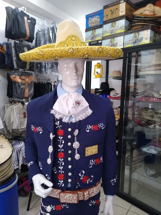Traje Charro 3 Piezas, Media Gala en Baño de Plata, Bordado en hilo Metalico