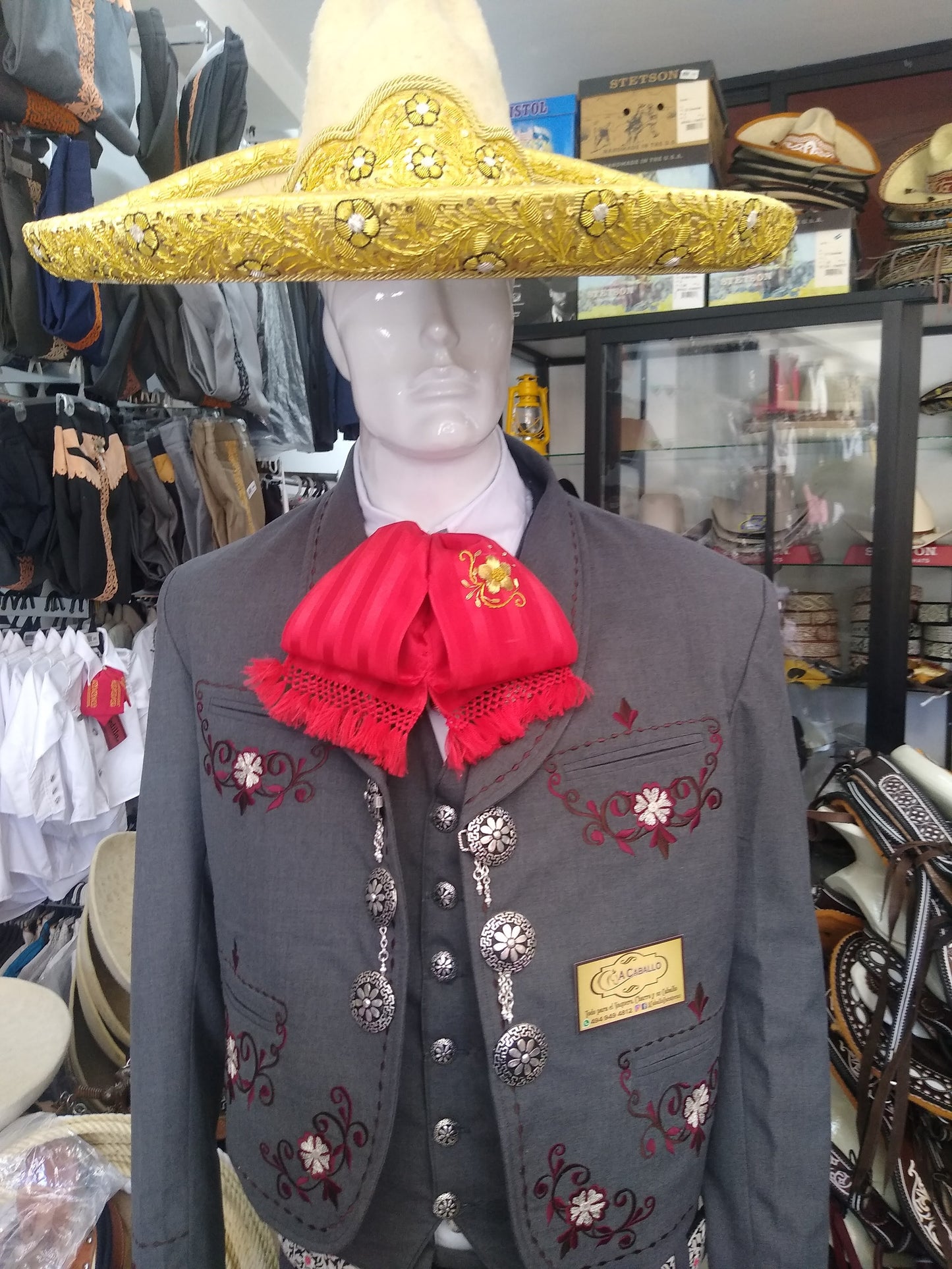 Traje Charro 3 Piezas, Media Gala, Bordado en Hilo Metalico.