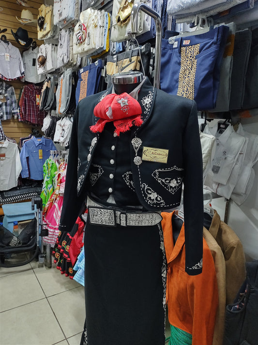 Traje Charro 3 Piezas Dama, Bordado en Hilo Metalico, Media Gala.