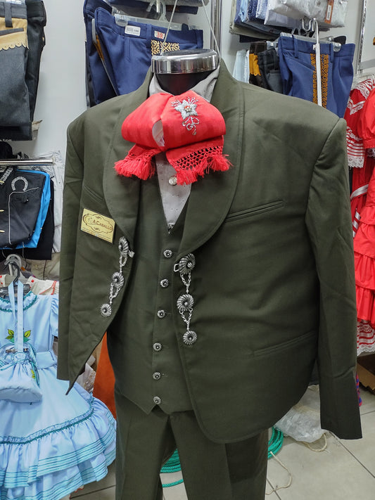 Traje Charro 3 Piezas, Media Gala, Botonadura Entintada en baño de plata.